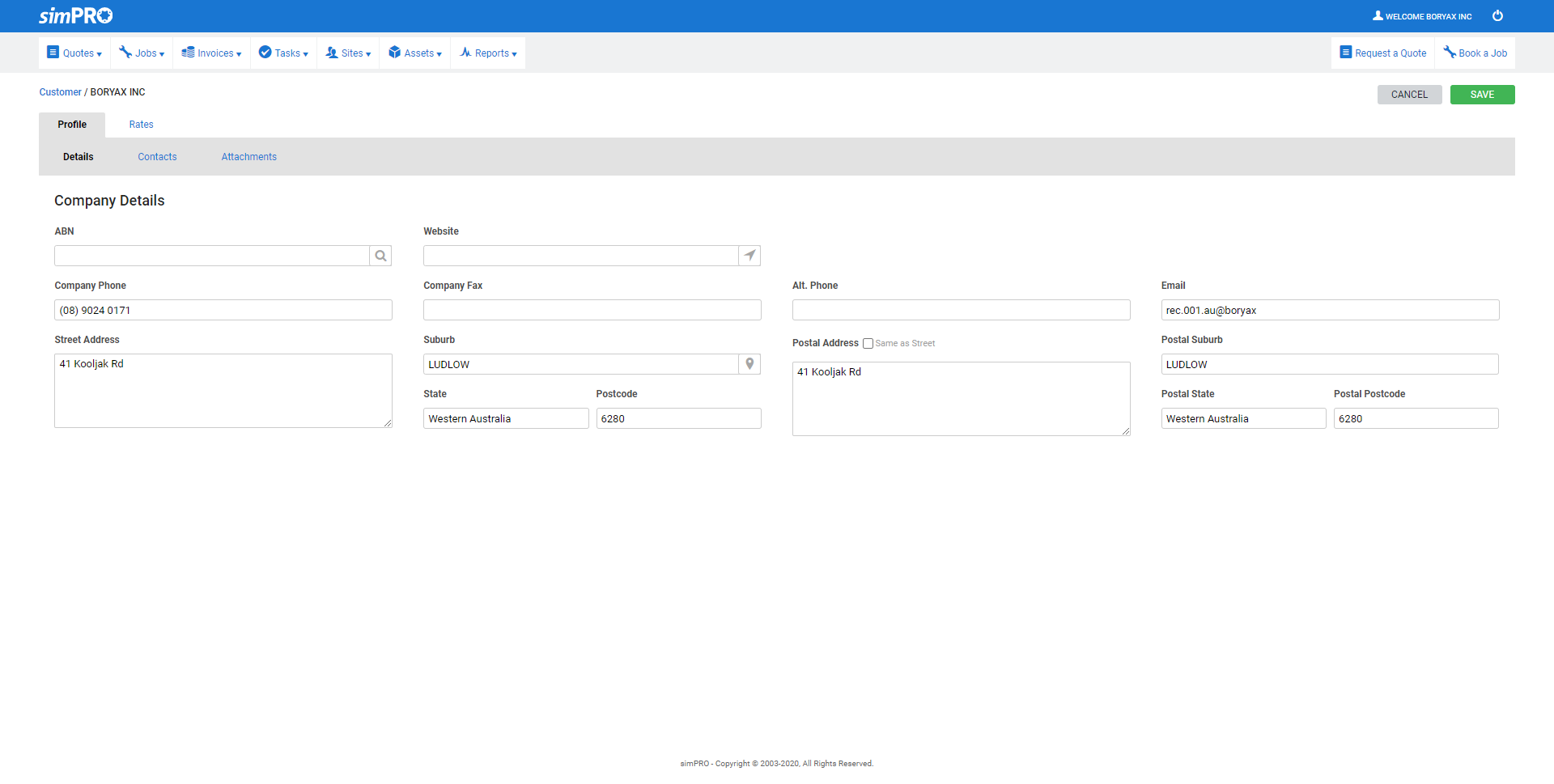 A screenshot of the company profile in the customer portal.