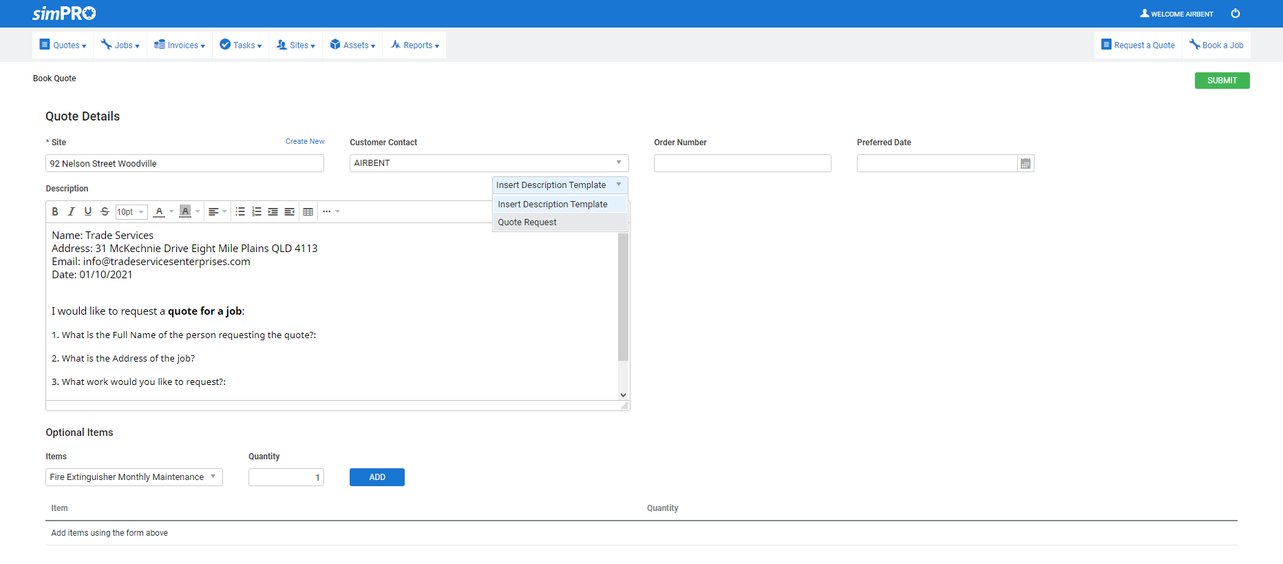 A screenshot of the Quote Details screen in the customer portal.