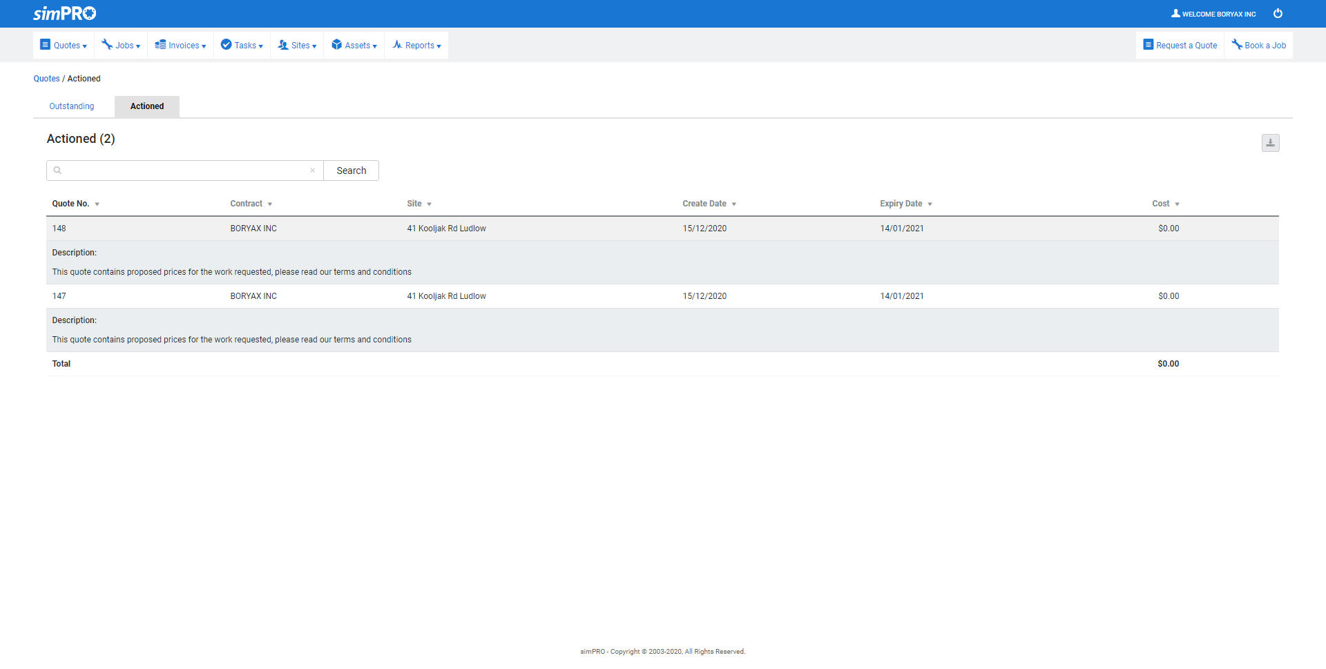 A screenshot of the Actioned tab in the customer portal.