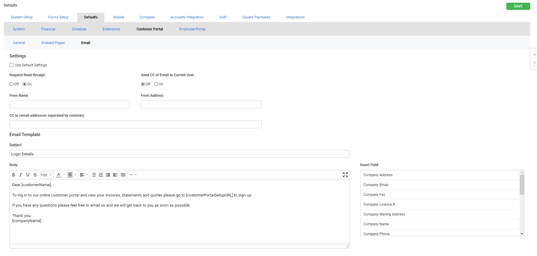 A screenshot of the Email tab in Defaults > Customer Portal.