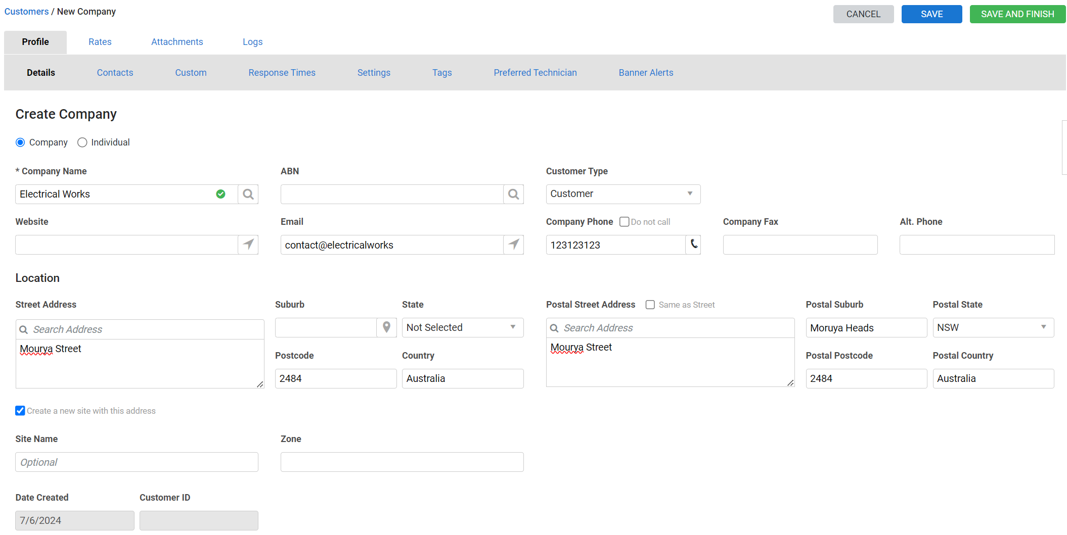 A screenshot of the Details tab in a customer card file.