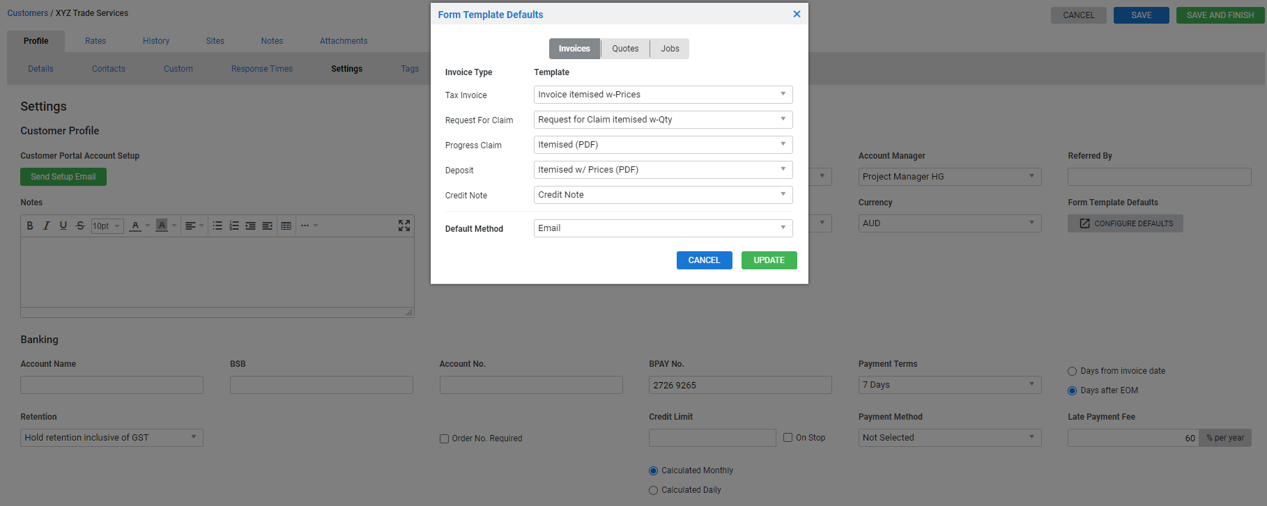 A screenshot of the Settings page in a customer.