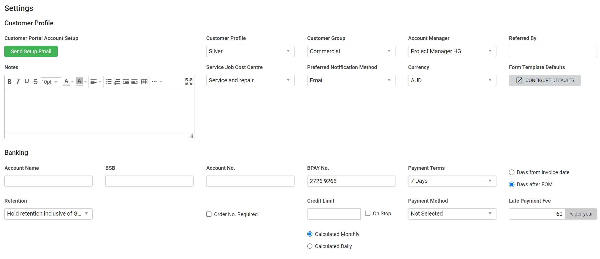 A screenshot of the Settings page in a customer.