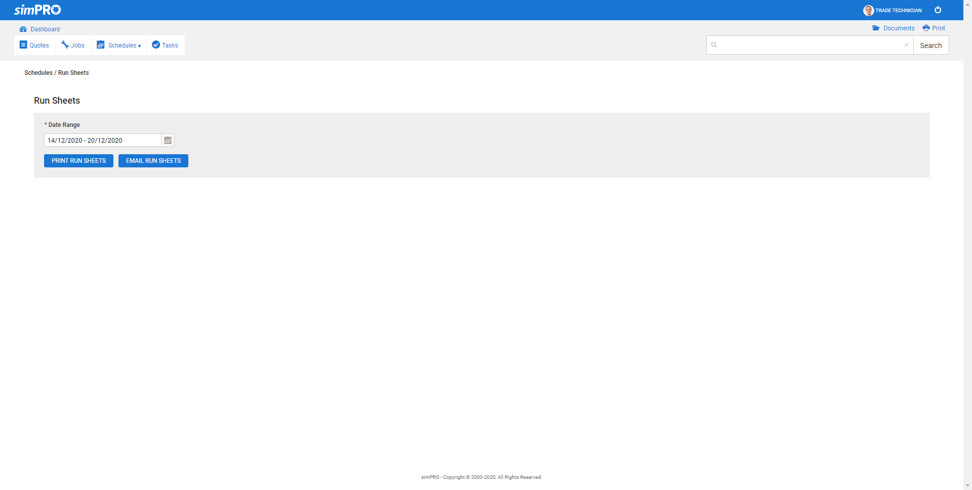 A screenshot of the Print Run Sheets and Email Run Sheets buttons.