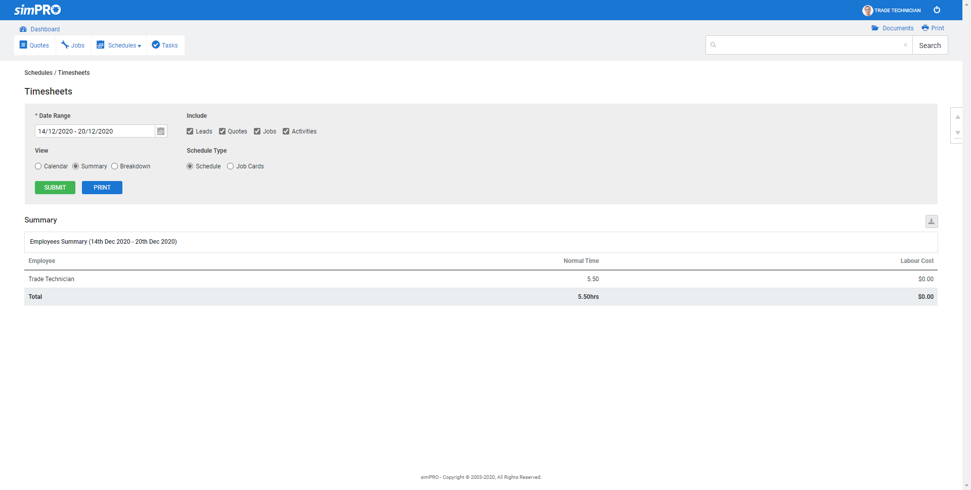 A screenshot of the Timesheets page in the employee portal.