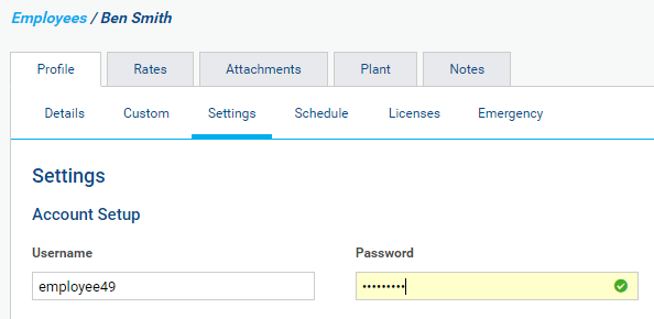 A screenshot of the Settings sub-tab in an employee card.
