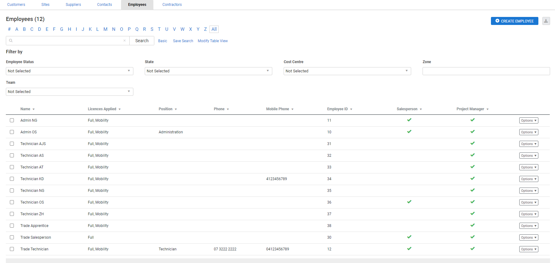 A screenshot of an advanced search in the Employees table.