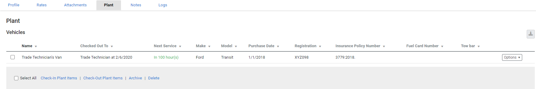 A screenshot of the Plant tab in an employee.