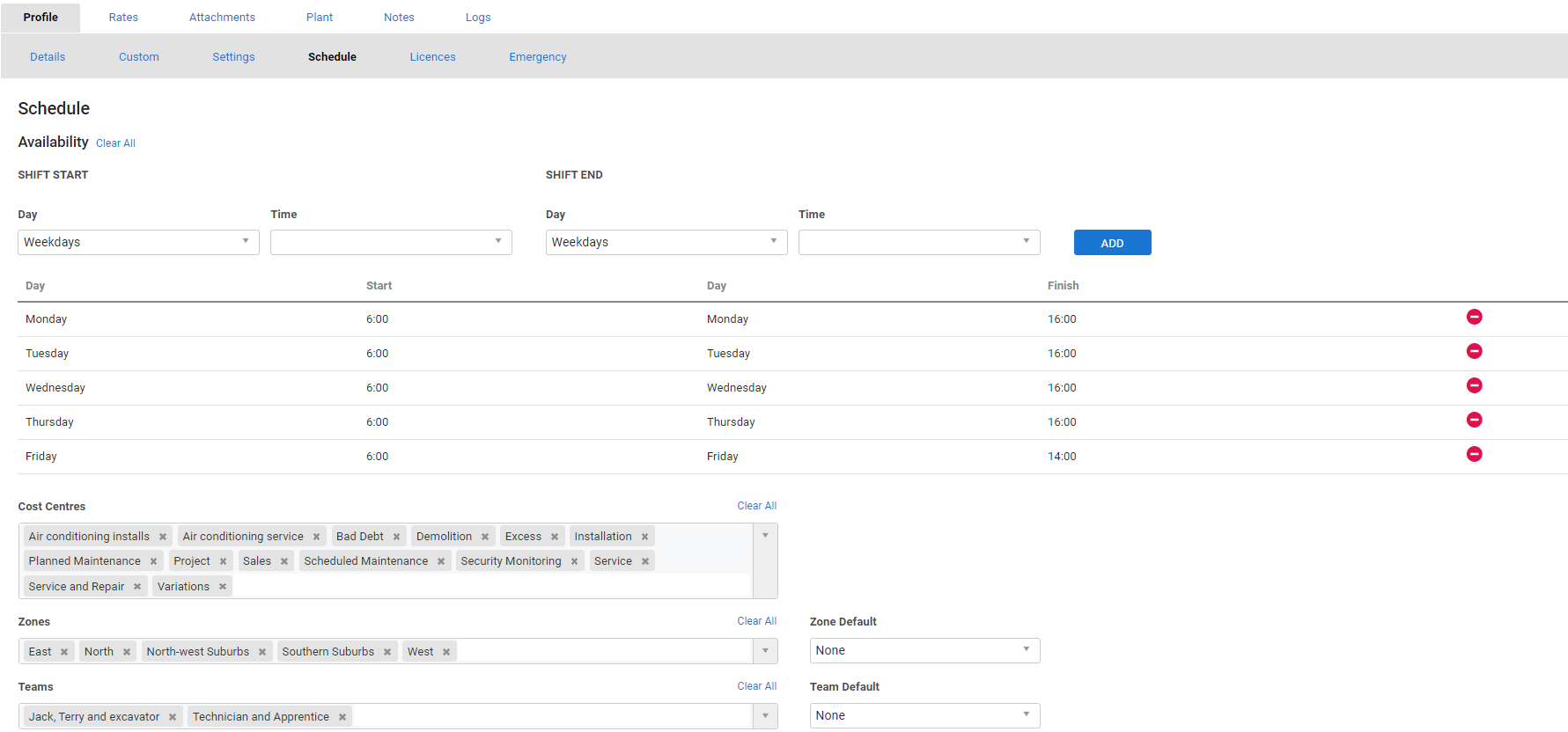 A screenshot of the schedule tab.