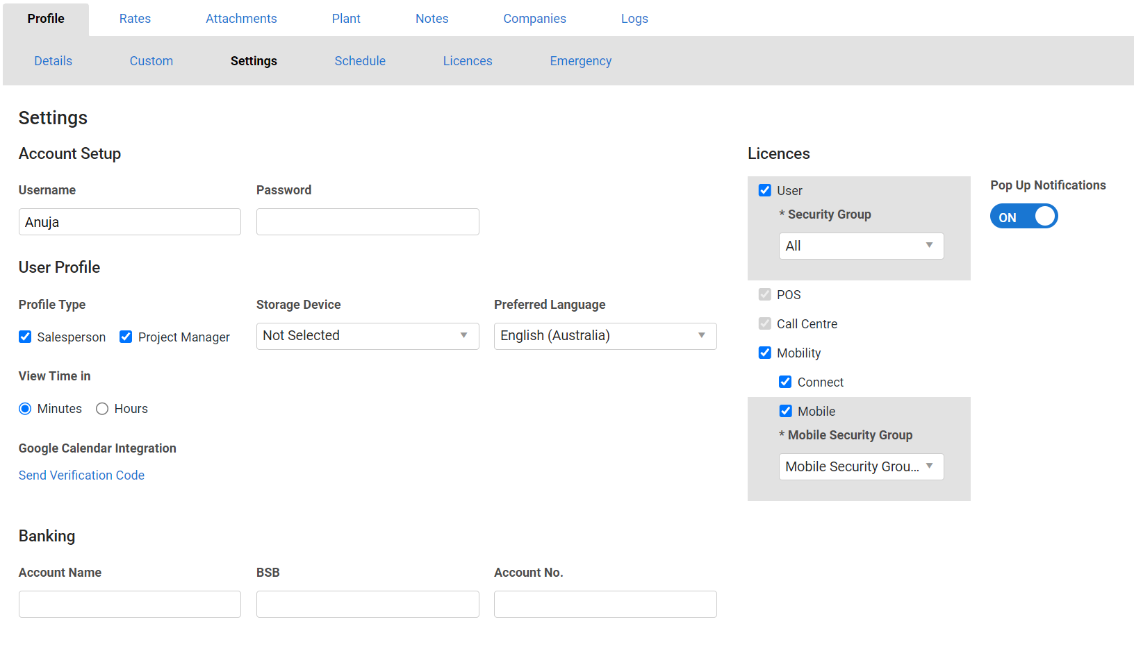 A screenshot of the Settings sub-tab in an employee.