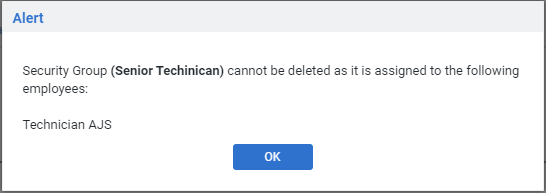 A screenshot of attempting to delete a security group that still has employees assigned.