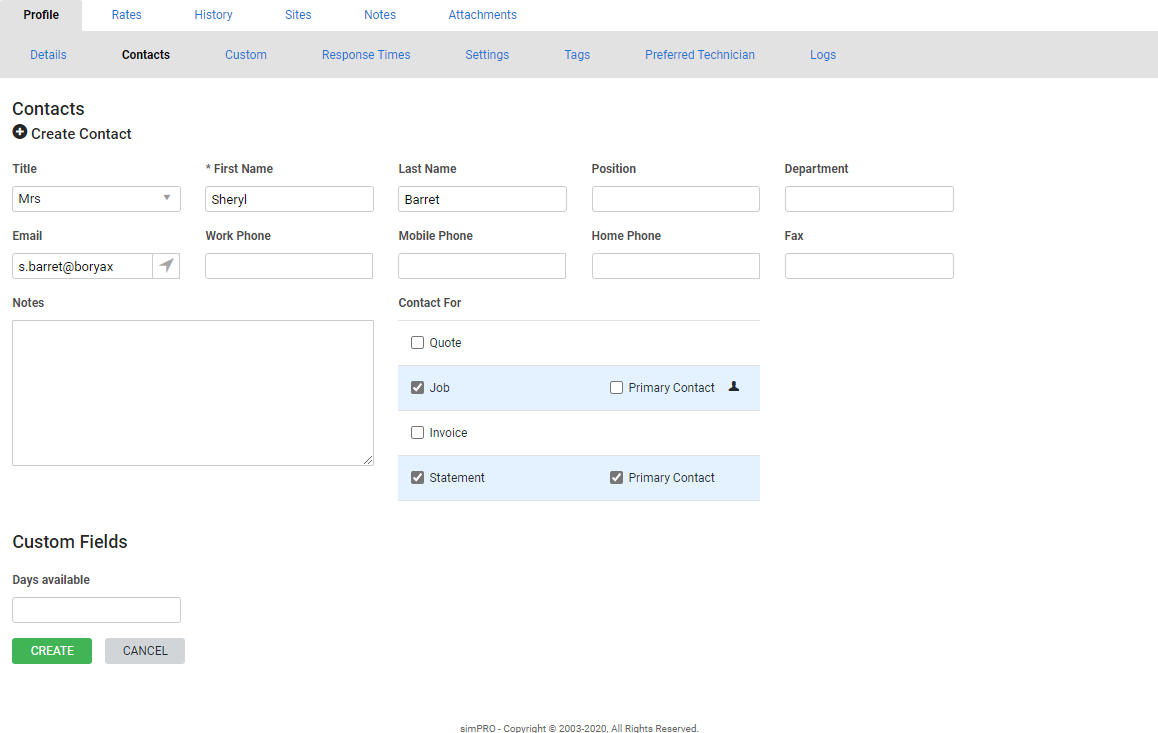 A screenshot of a newly created contact.