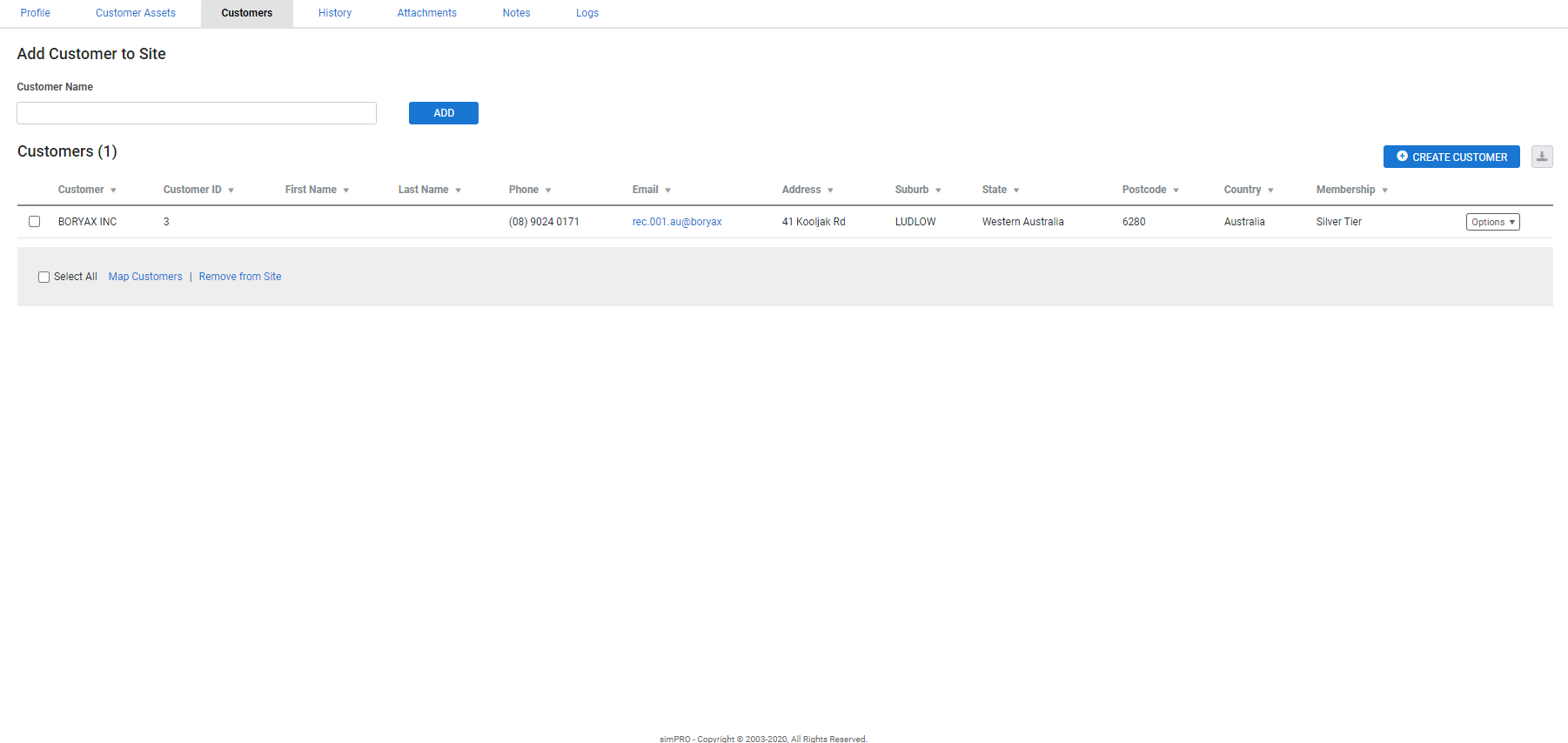 A screenshot of customers associated with a site.