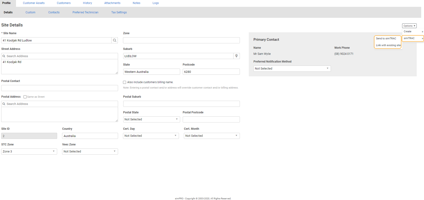 A screenshot of the Send to Simtrac option.