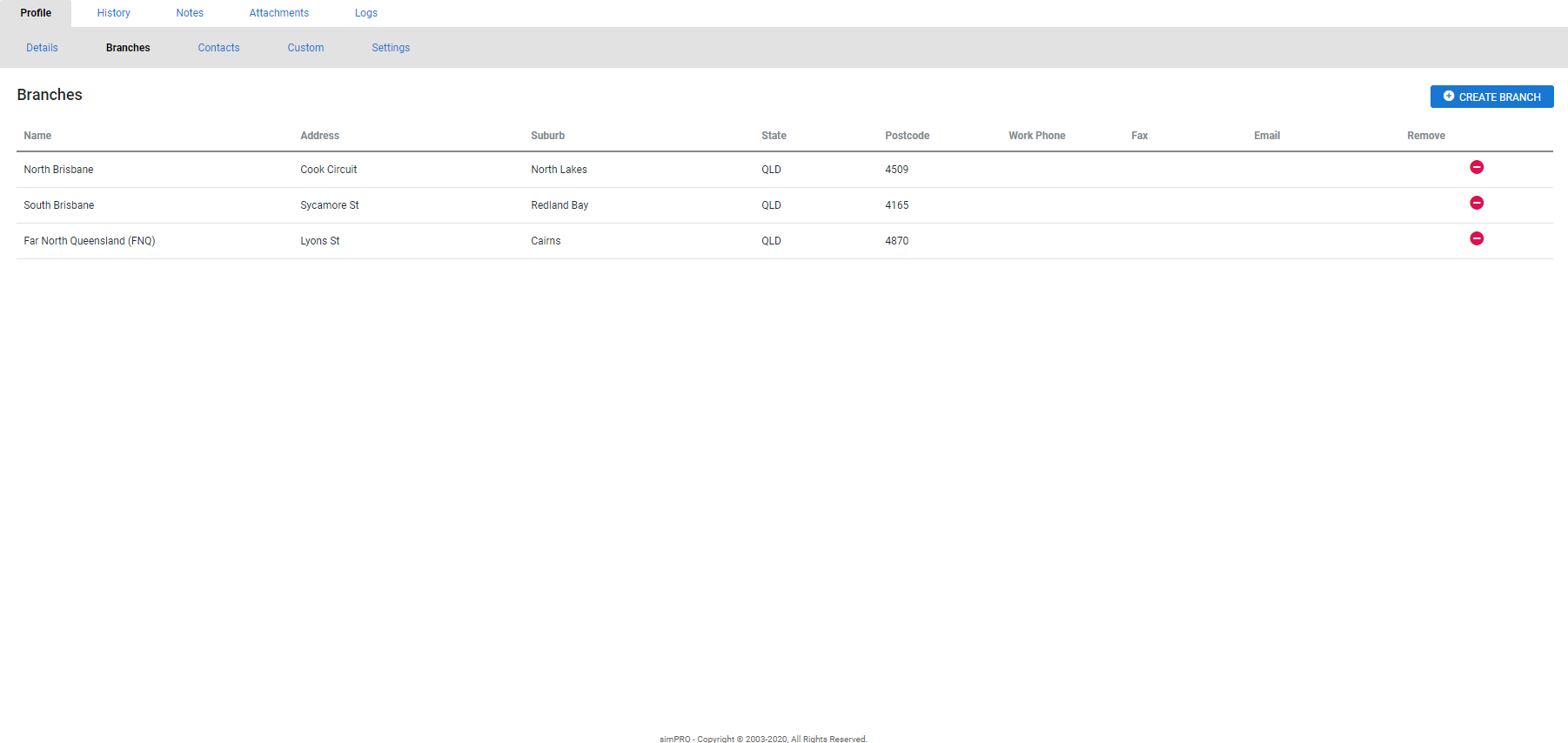 A screenshot of supplier branches.