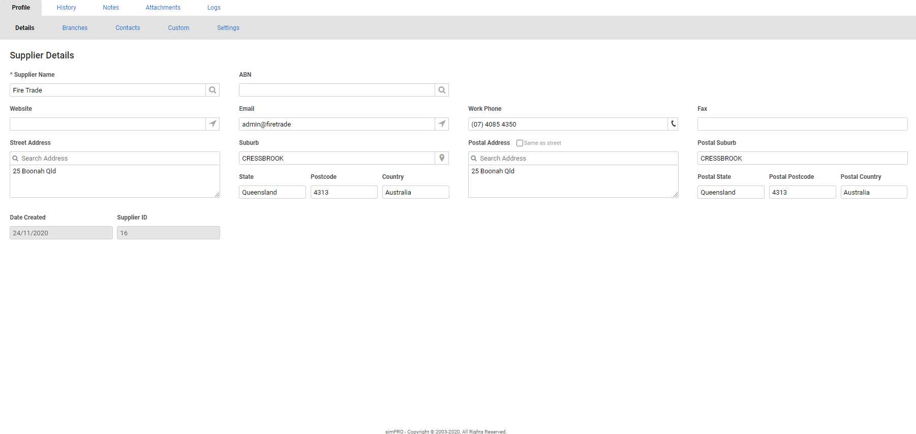 A screenshot of the Supplier Details tab.