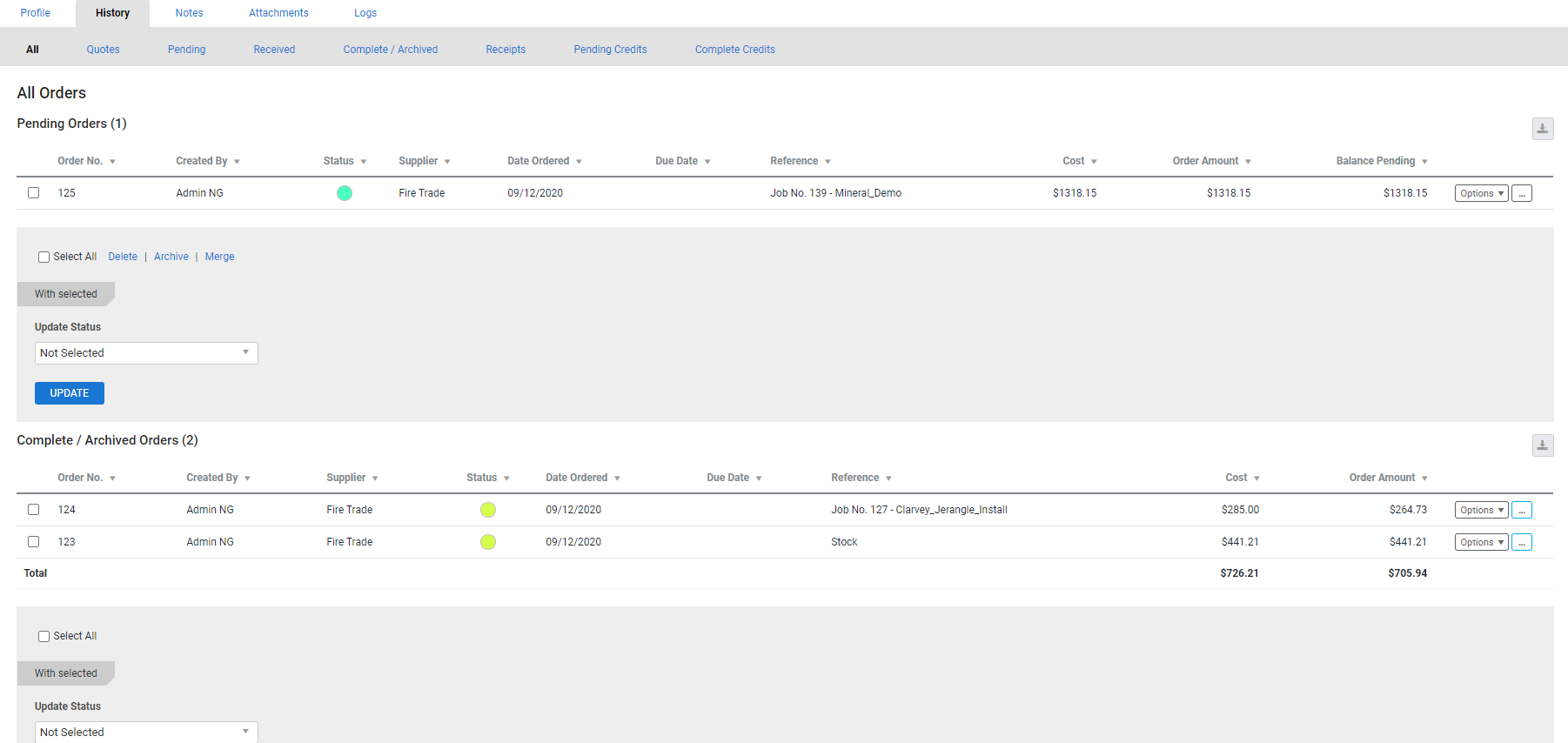 A screenshot of supplier history.