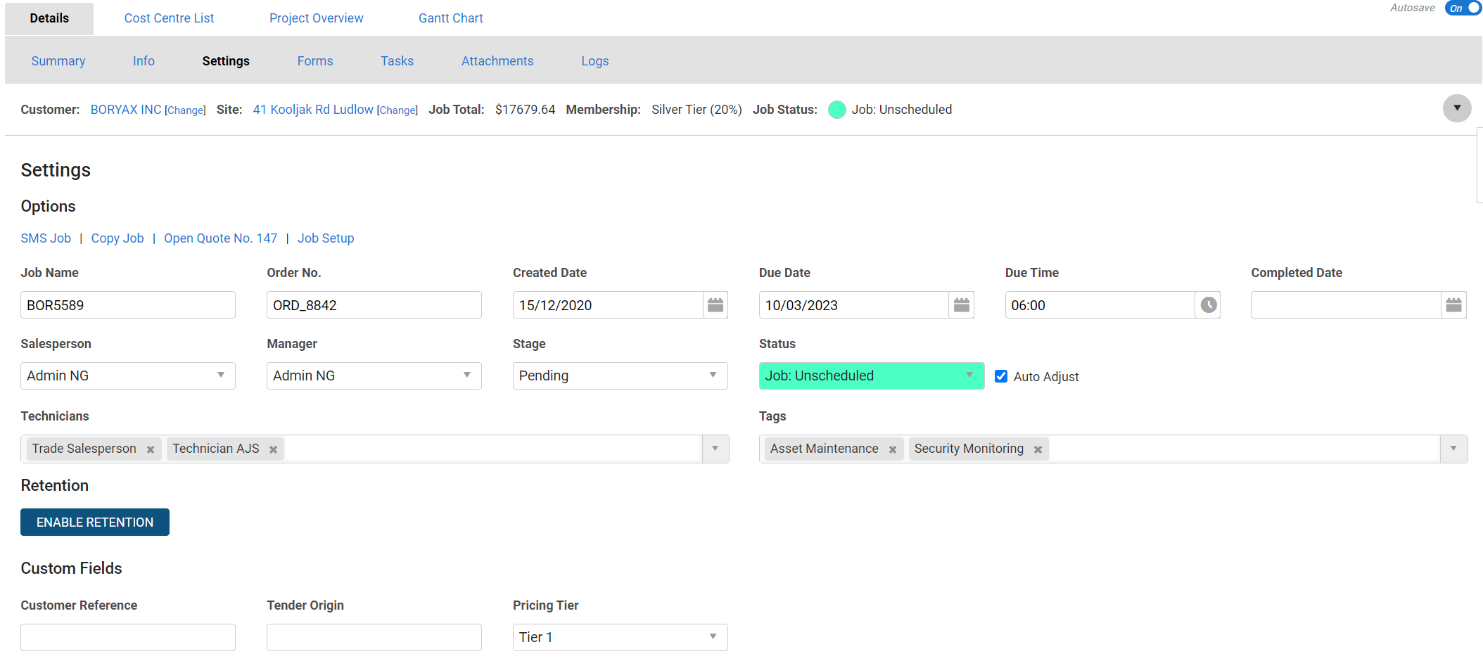 A screenshot of the Setup page in a project job.