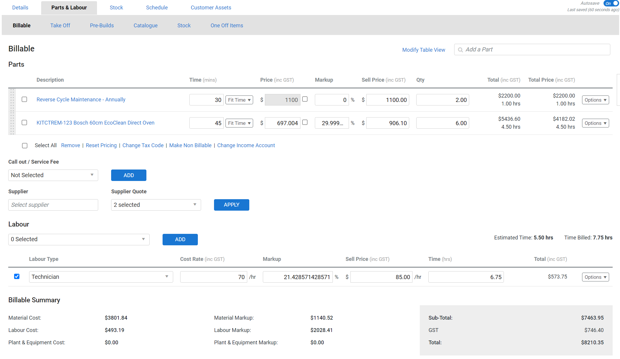 A screenshot of two labour rates linked to the estimated time.