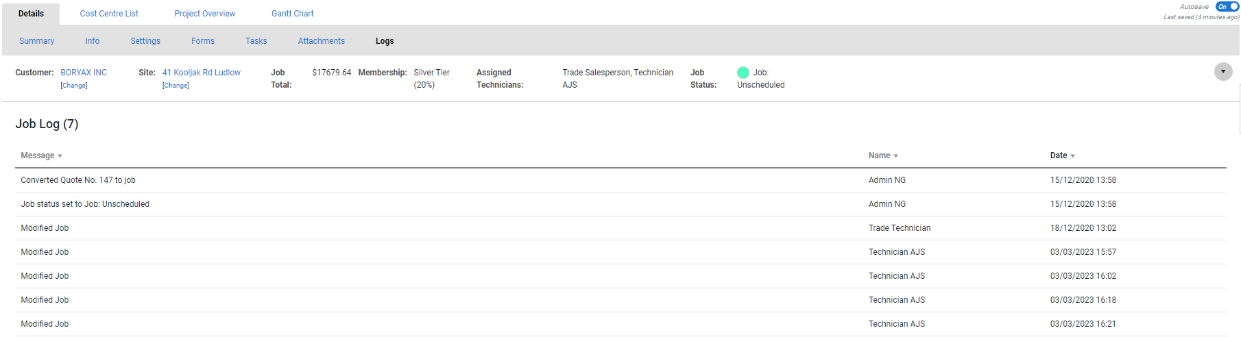 A screenshot of the job log table.