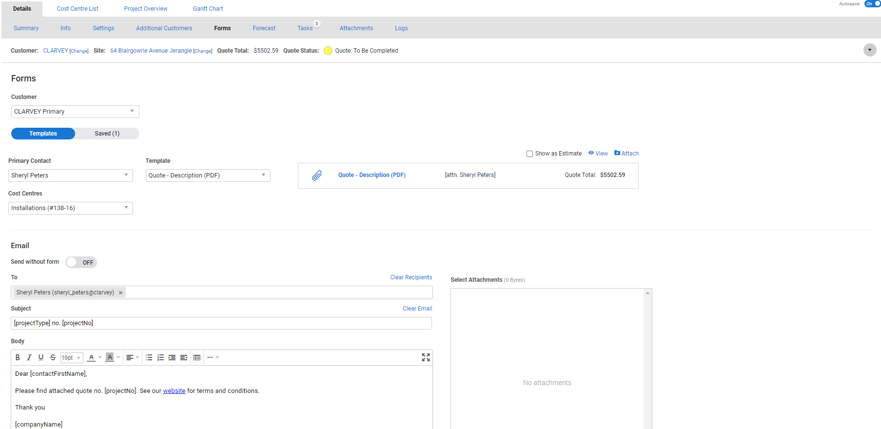 A screenshot of the Forms tab in a quote.