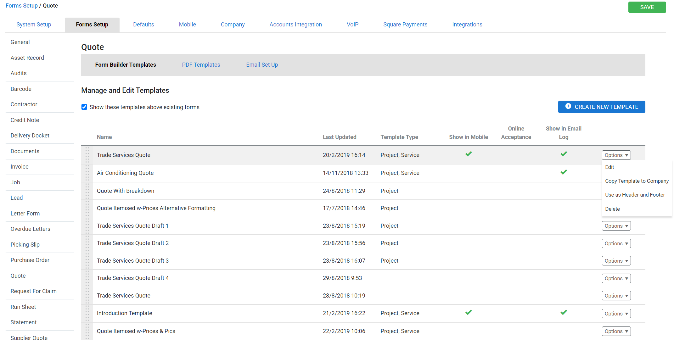 A screenshot of the Manage Templates sub-tab.