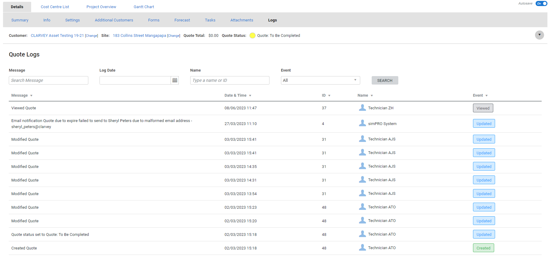 A screenshot of the quote log tab within a quote.