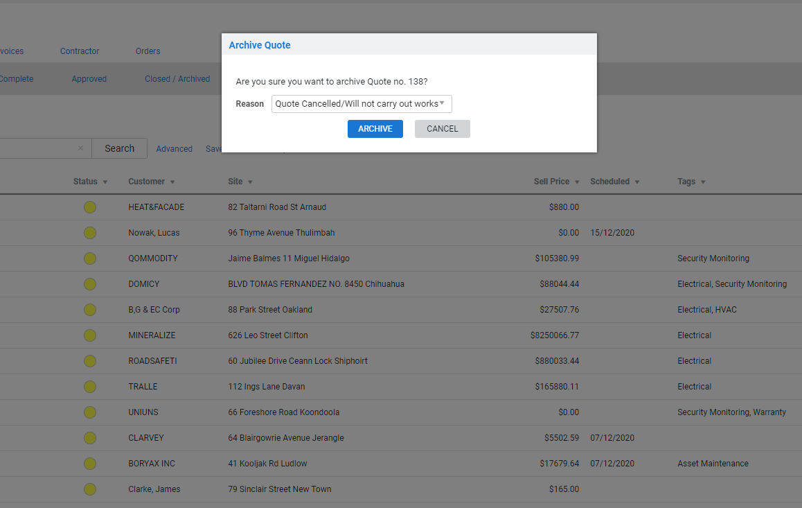 A screenshot of the Archive Quote pop-up with an Archive Reason drop-down list.