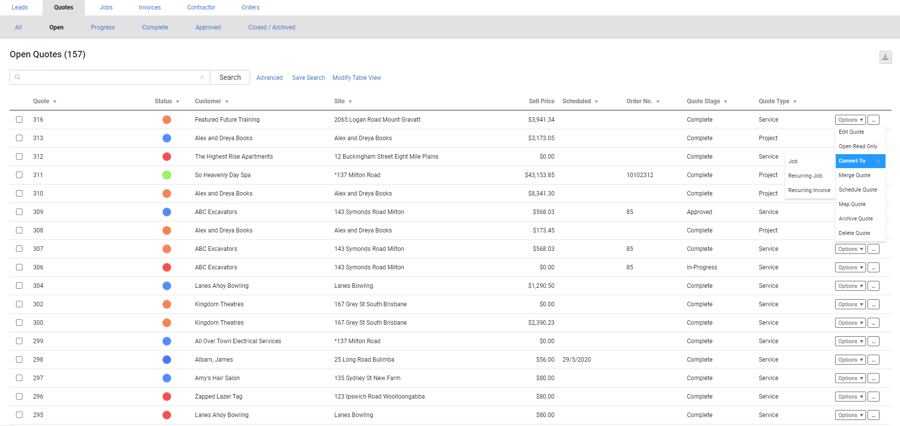 A screenshot of the quote conversion options from the Options drop-down list.