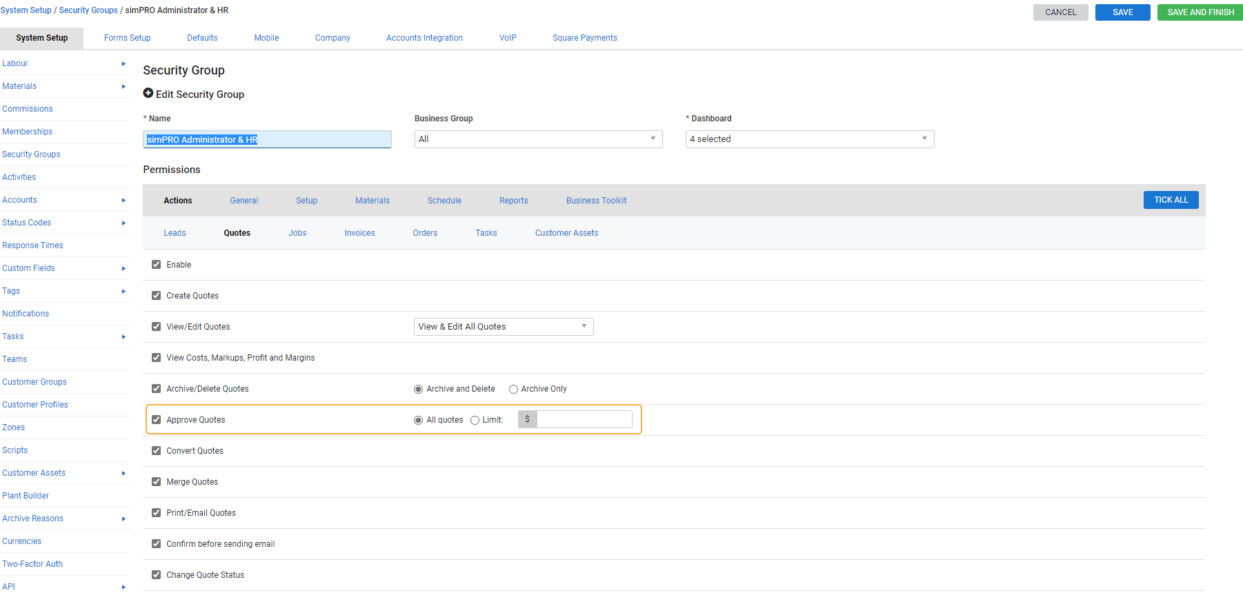 A screenshot of the Quotes security group permissions.