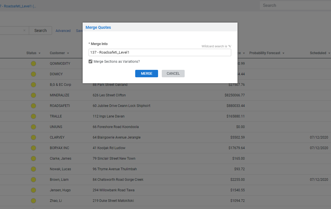 A screenshot of the Merge Quotes pop-up window.