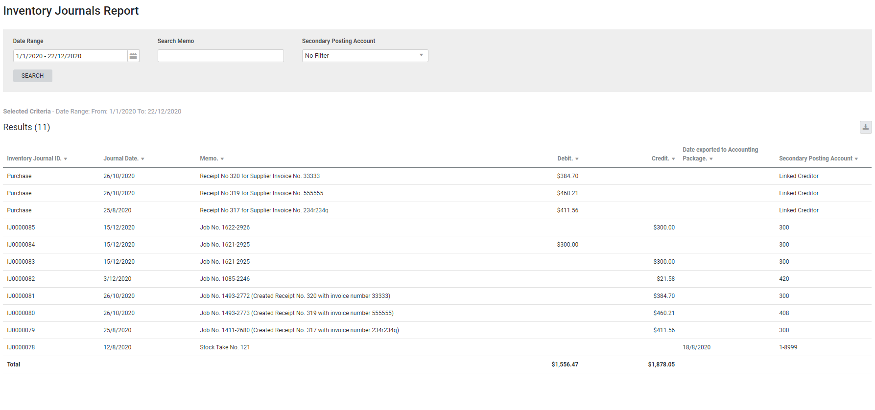A screenshot of the Inventory Journals report.