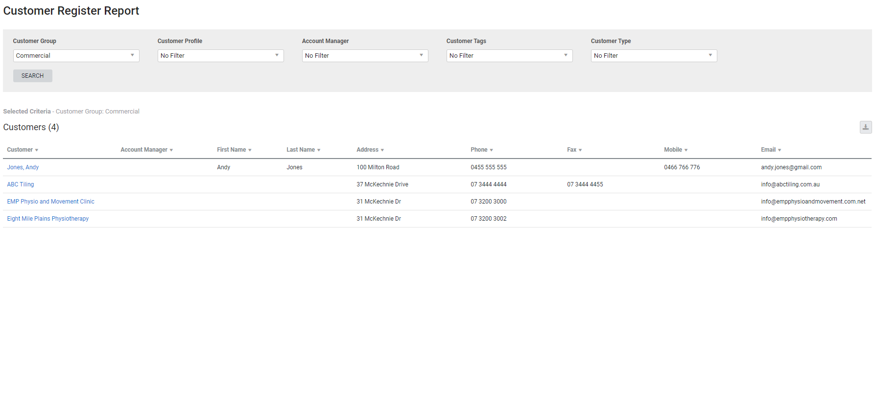 A screenshot of the Customer Register report.