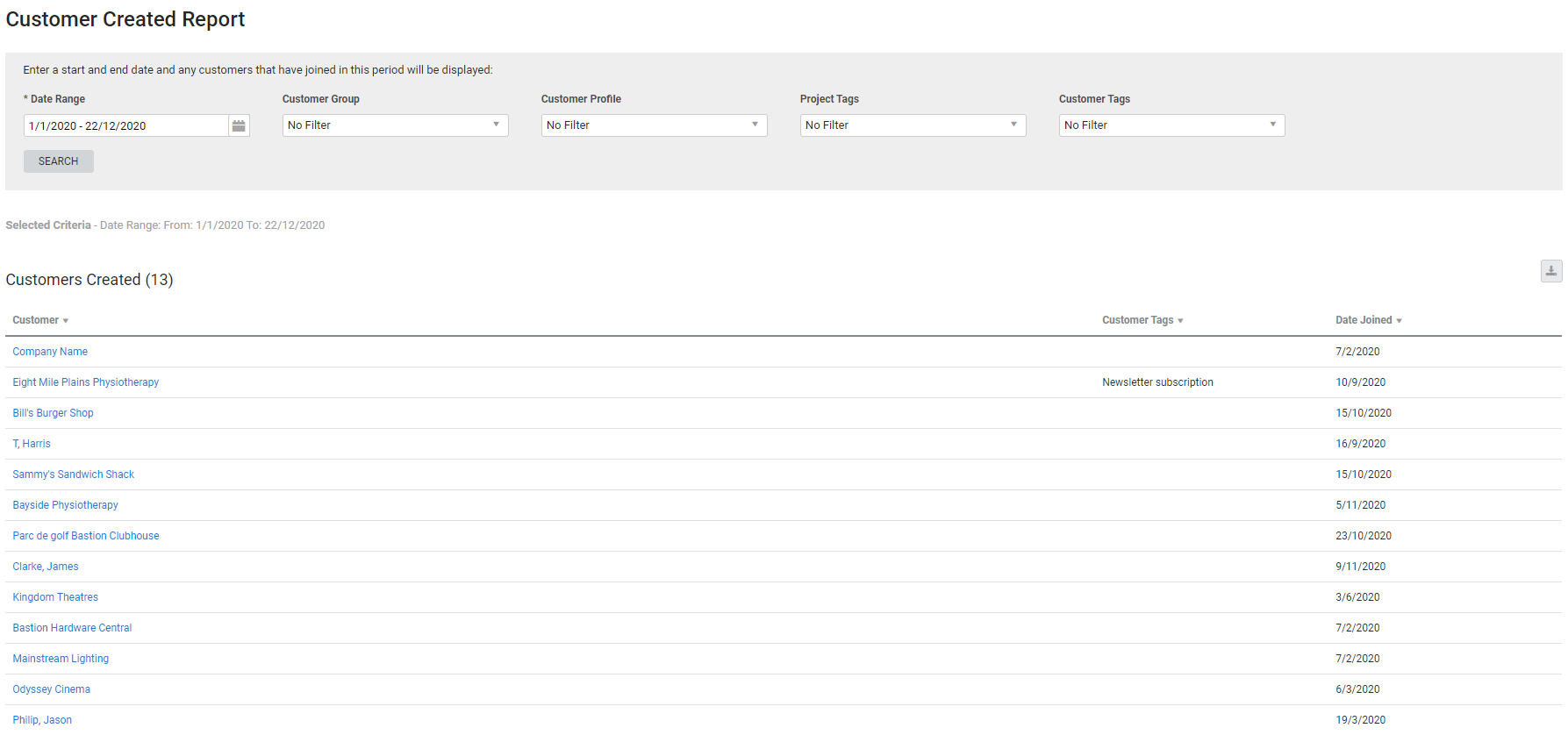 A screenshot of the Customer Created report.