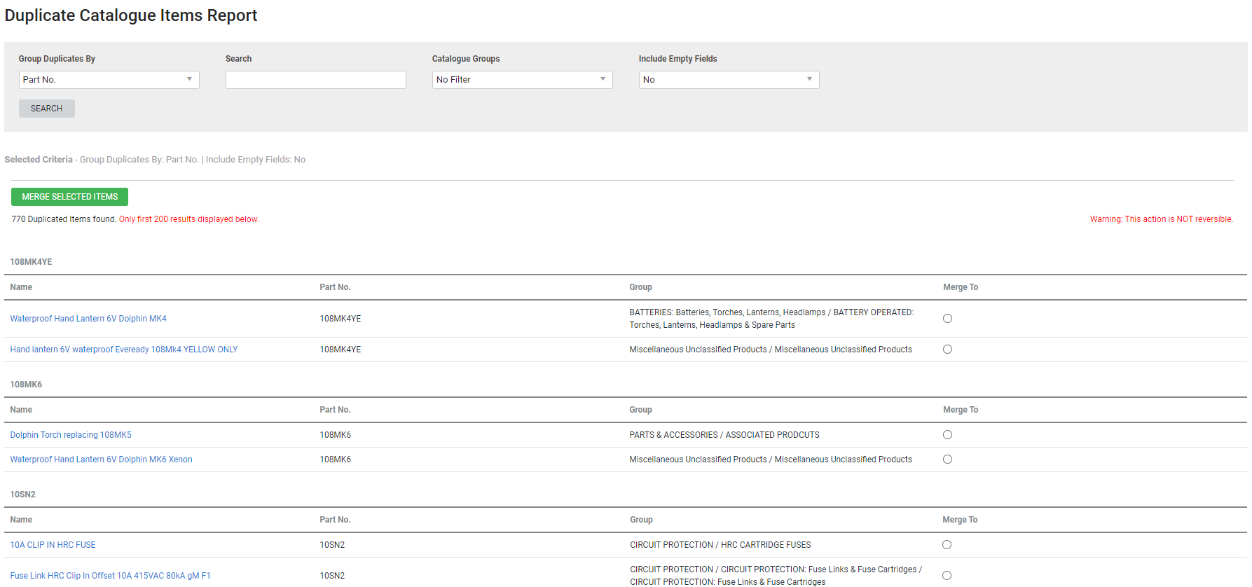 A screenshot of the Duplicate Catalogue Items report.