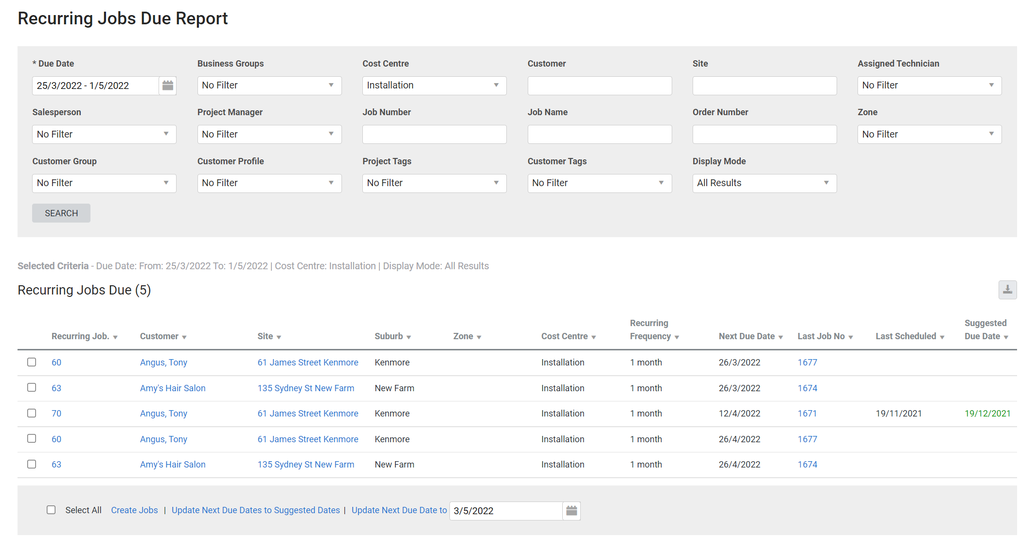 A screenshot of the Recurring Jobs Due report.