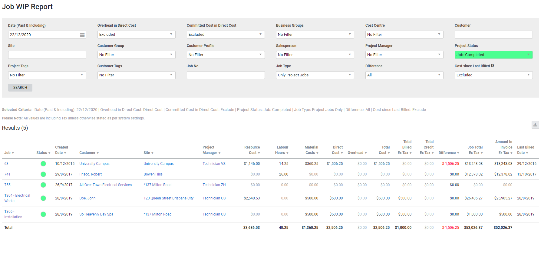 A screenshot of the Job WIP report.