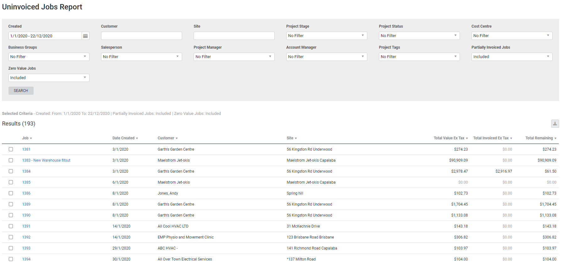 A screenshot of the Uninvoiced Jobs report.
