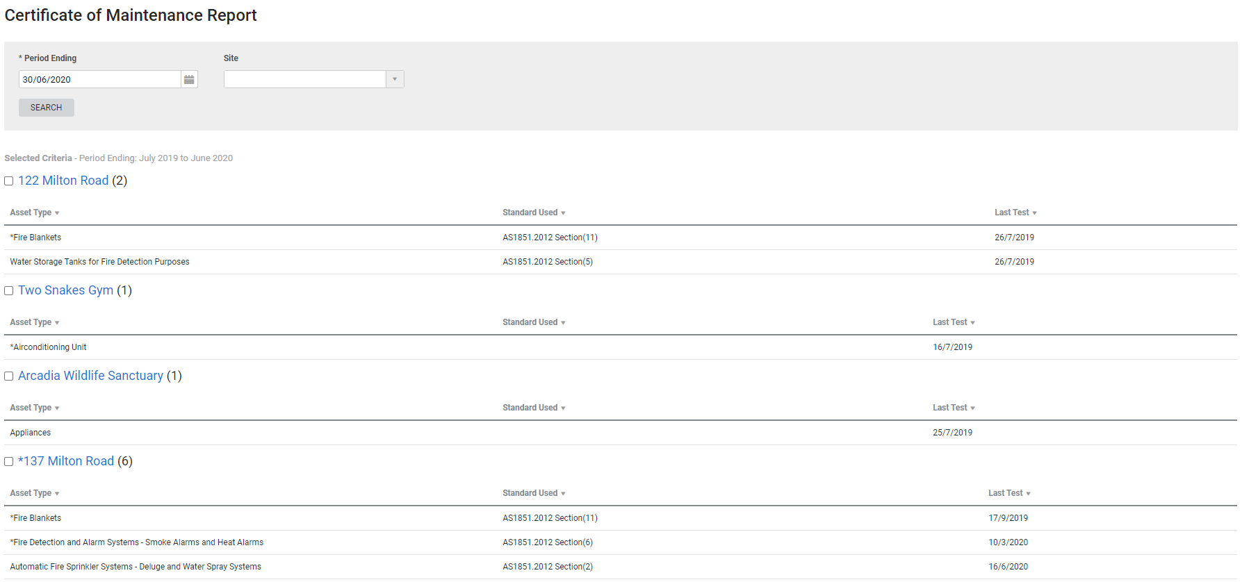 A screenshot of the Certificate of Maintenance report.