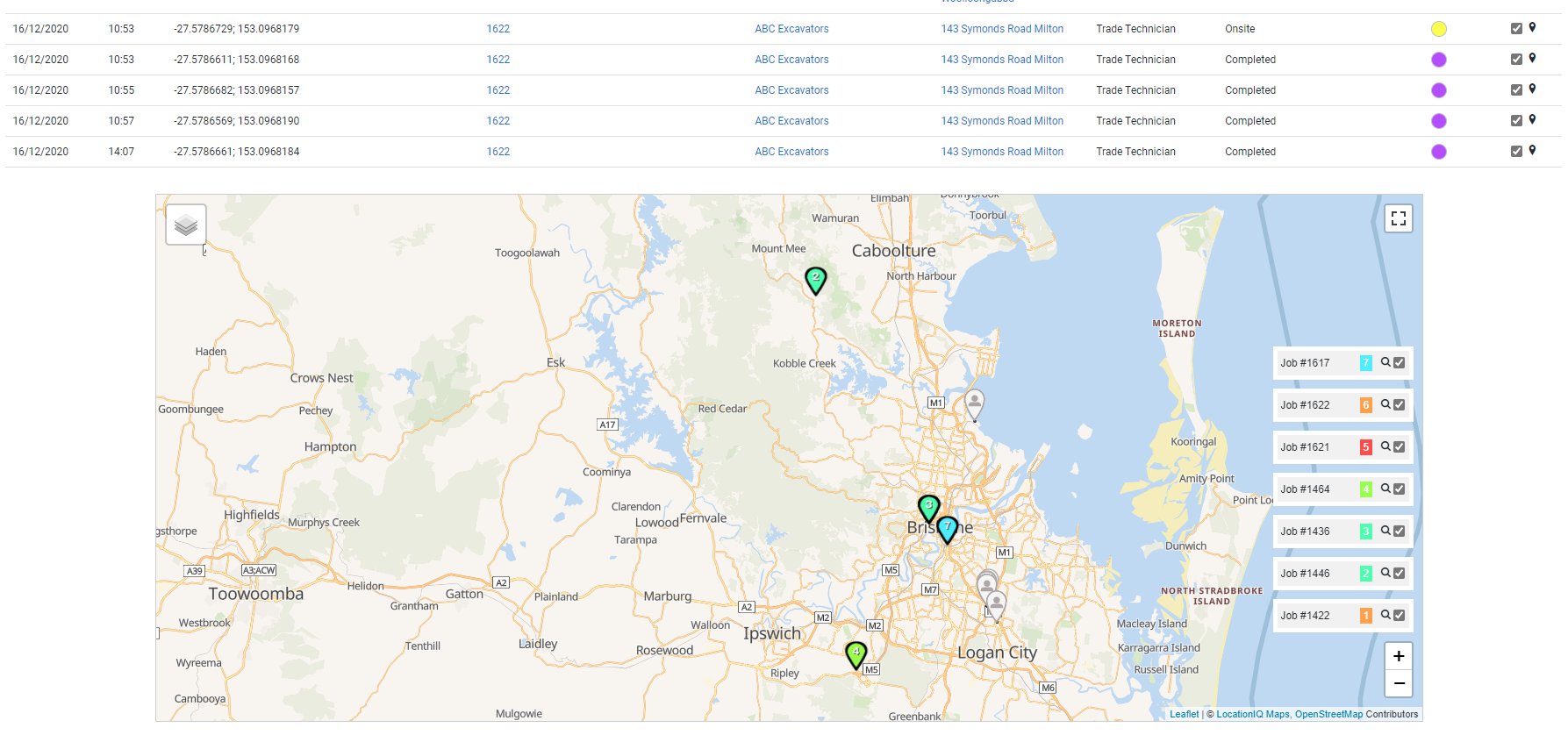A screenshot of the mobile status log with corresponding coloured geostamps and statuses.