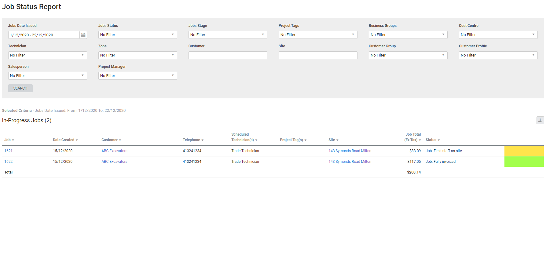 A screenshot of the job status report.