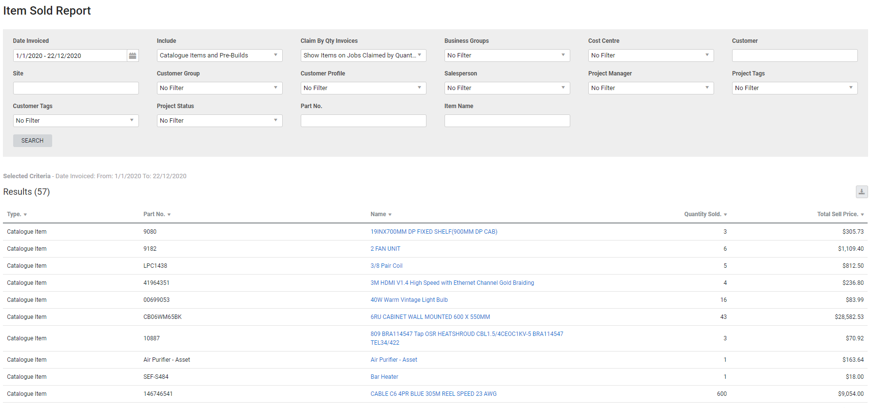 A screenshot of the Item Sold report.