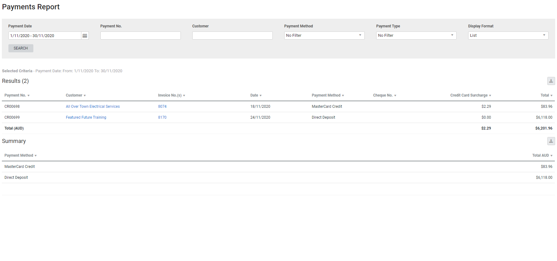 A screenshot of the Sales Payments report.