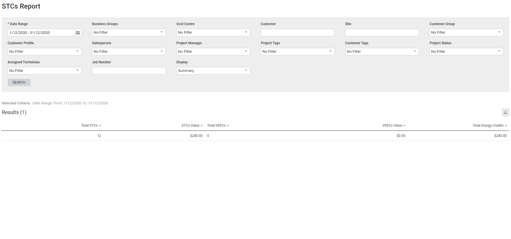 A screenshot of the STCs report.