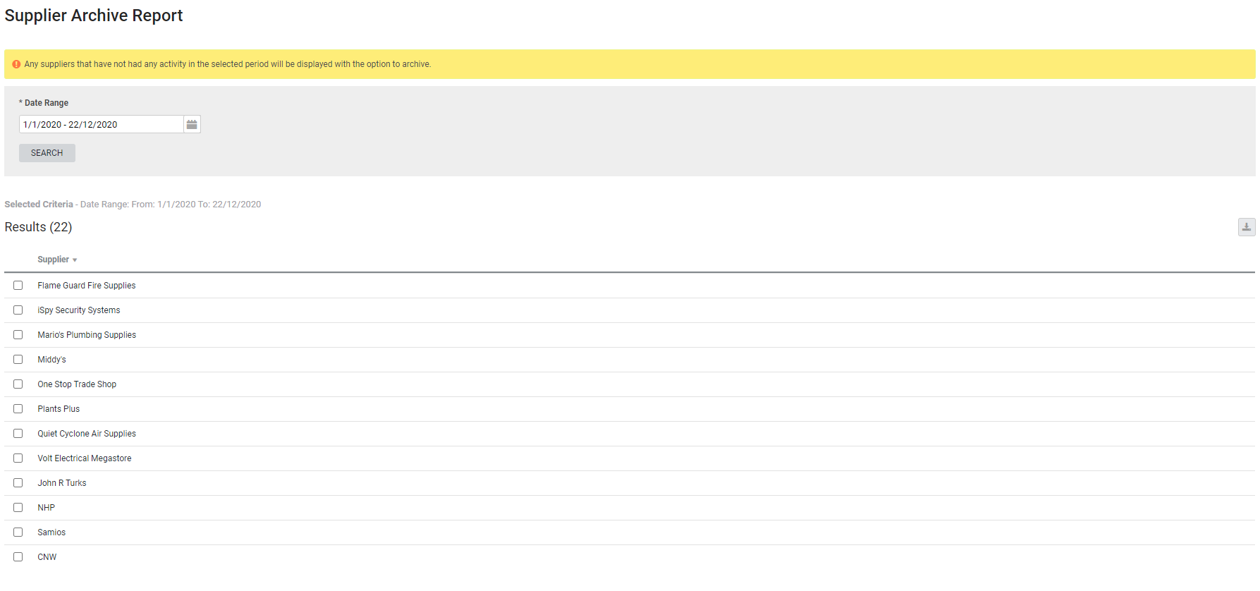 A screenshot of the Supplier Archive report.