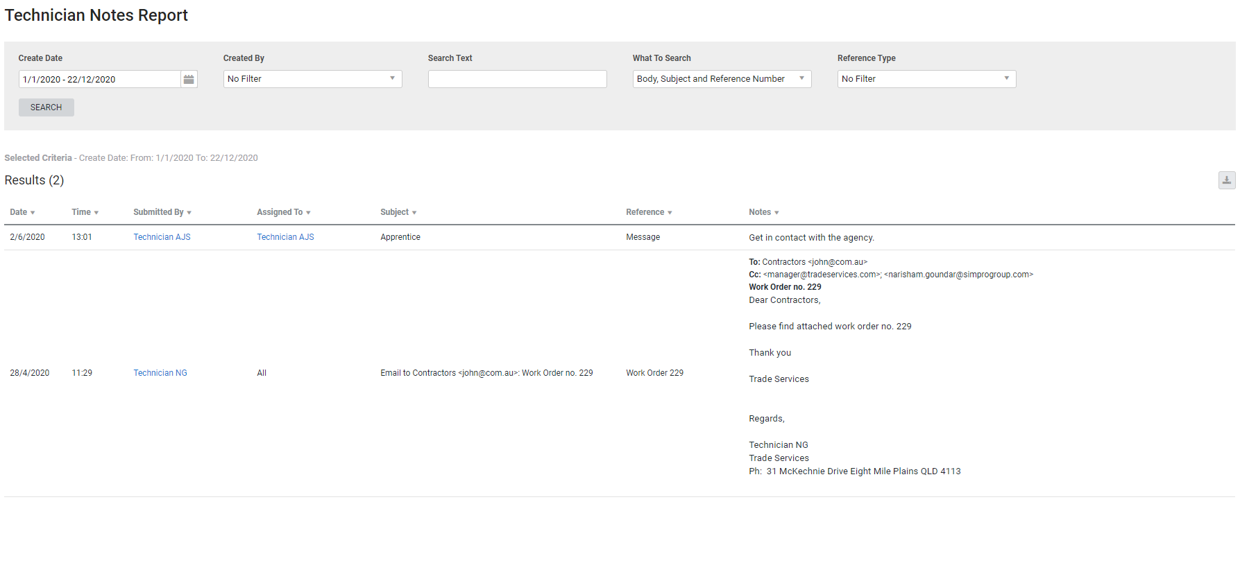 A screenshot of the Technician Notes report.