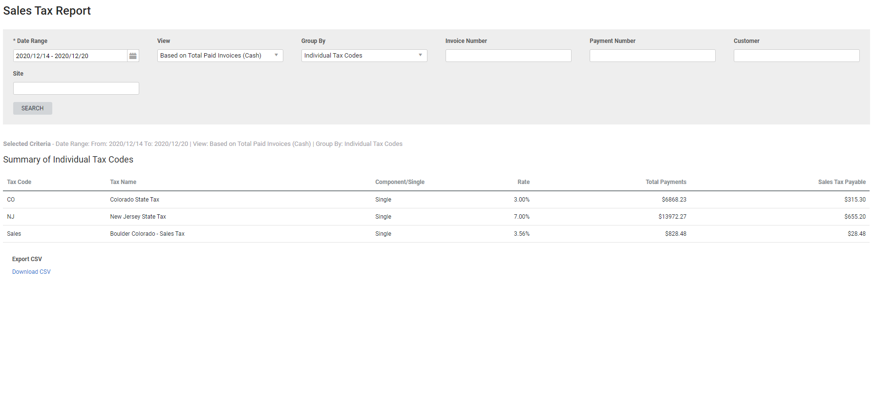 A screenshot of the Sales Tax Report.