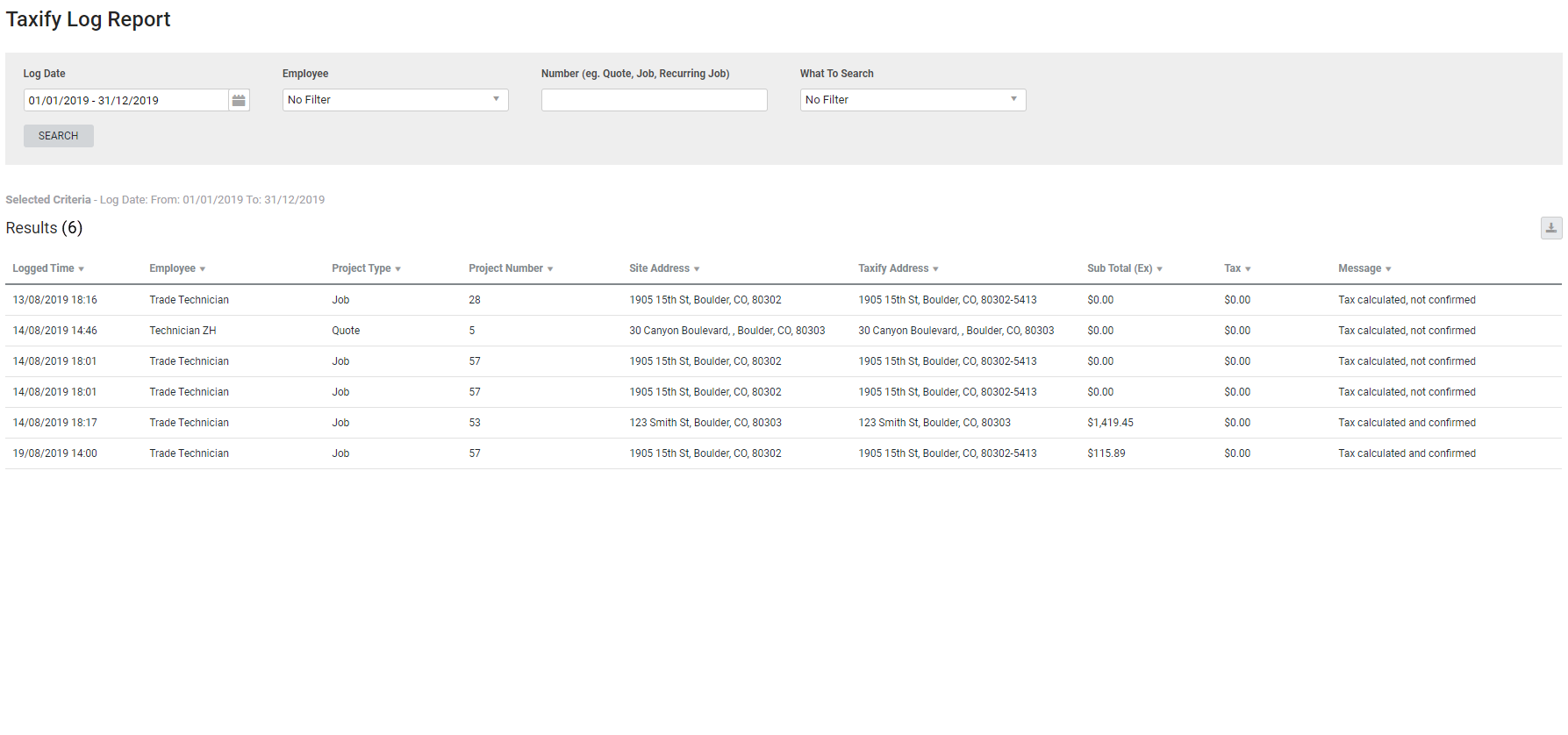A screenshot of the Taxify Log report.