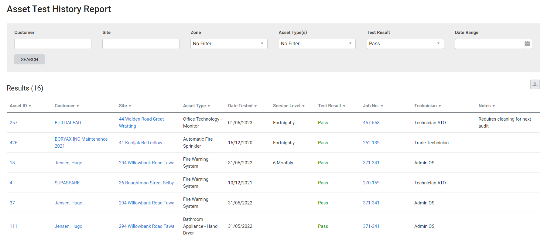 A screenshot of the Asset Test History report.