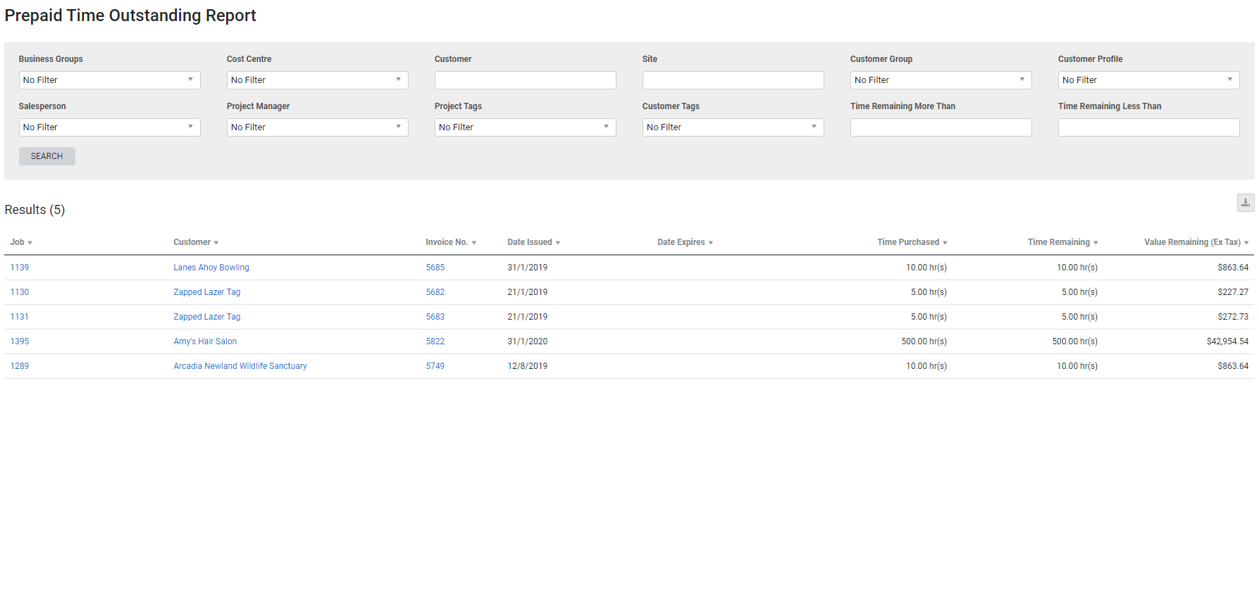 A screenshot of the Prepaid Time Outstanding report.